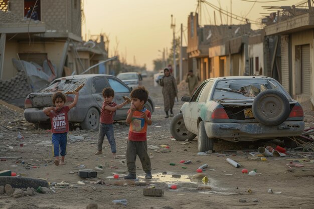 Kinder in einer zerstörten Stadt sind Opfer eines militärischen Konflikts Flüchtlingskonzept Unterstützung für Kinder