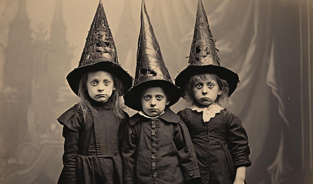Kinder in Halloween-Kostümen auf dunklem Hintergrund. Selektiver Fokus