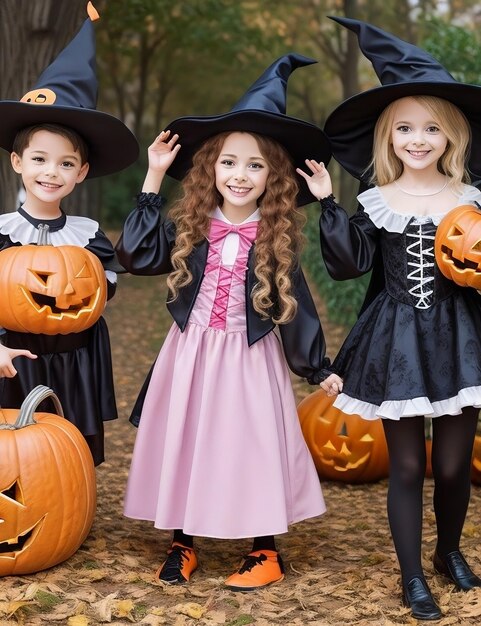 Kinder in Kostümen spielen und genießen Halloween