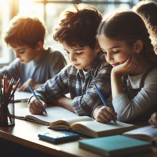 Kinder, Jungen und Mädchen, die in der Schule in ein Notizbuch schreiben, generiert von KI