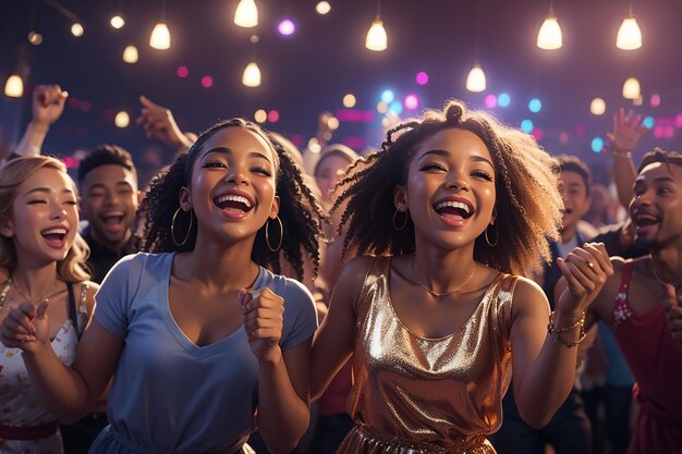 Foto kinder lachen, während sie mit freunden tanzen eine gruppe von männern und frauen tanzen auf der silvesterfeier im nachtclub