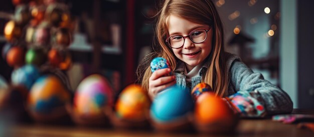 Kinder lächeln und malen ihre Ostereier mit einem Pinsel.