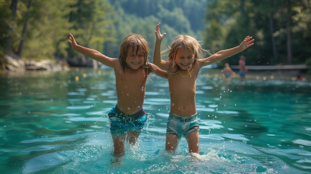 Kinder laufen an einem sonnigen Tag im Wasser im See.