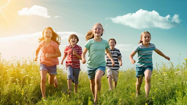 Kinder laufen auf der Wiese im Sommersonnenlicht