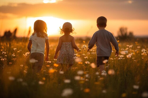 Kinder laufen auf einem Blumenfeld mit der Sonne hinter sich