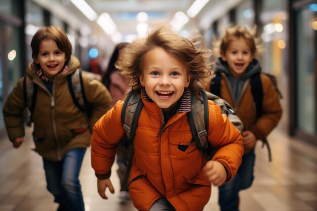 Foto kinder laufen mit rucksäcken in einem flur