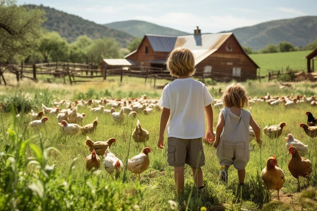 Kinder laufen vor einer Hühnerfarm.