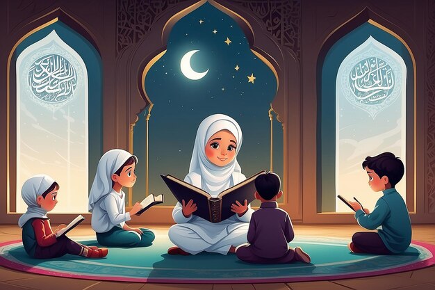 Kinder lernen das Konzept der Vektorillustration des Qur'an