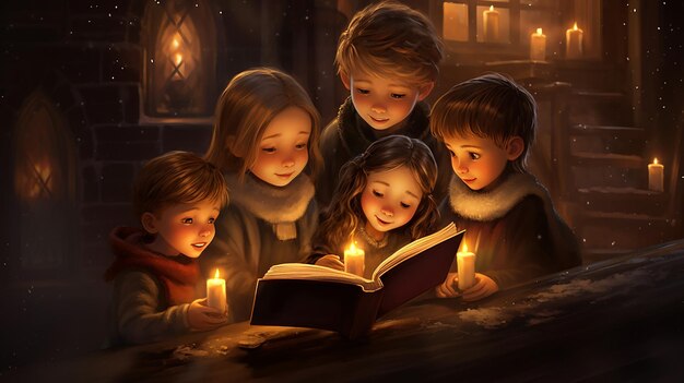 Kinder lesen Weihnachtsbücher bei Kerzenlicht
