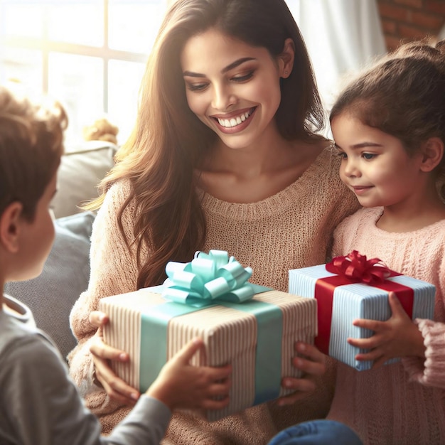 Kinder liefern Geschenke an ihre Mutter Weichlicht Muttertag KI generiert