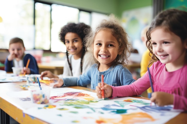 Kinder malen mit Wasserfarben in der Schule