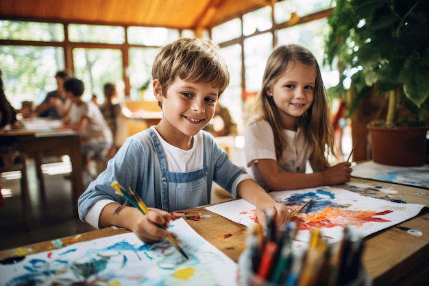 Kinder malen mit Wasserfarben in der Schule