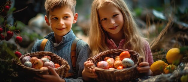 Foto kinder mit bemalten eiern in einem osterkorb mit farbigen eiern