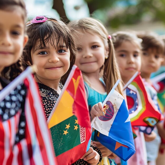 Kinder mit der Flagge ihres Landes feiern den Kindertag