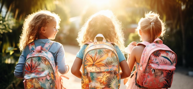 Kinder mit Rucksäcken stehen vor einer Straße