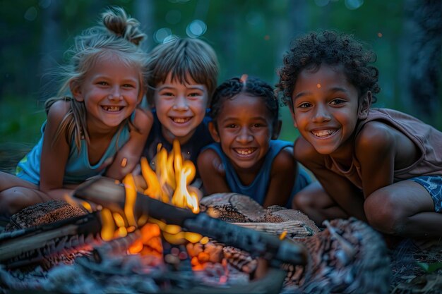 Kinder mit unterschiedlichen Hautfarben um das Lagerfeuer herum