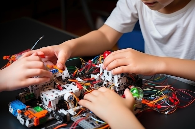 Foto kinder montieren mit begeisterung ein detailliertes bausatz mit leuchtenden details des konstruktors gruppe von kindern, die mit ihrer fantasie aus designerteilen eines spielzeugs zusammengesetzt werden, um zu spielen