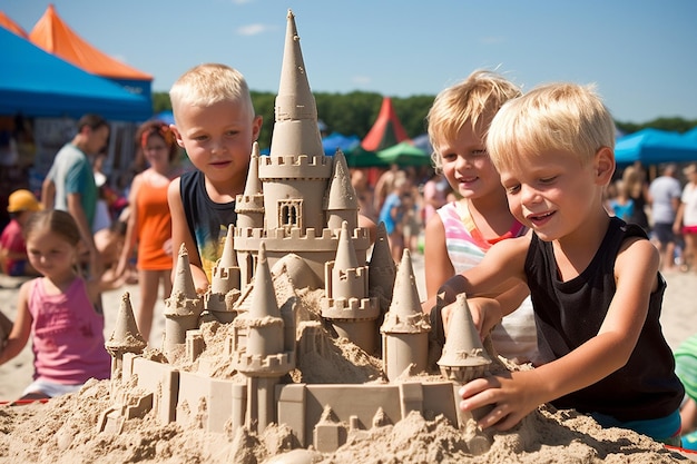 Kinder nehmen an einem Sandschlosswettbewerb teil