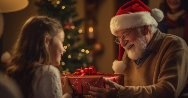 Kinder öffnen aufgeregelt Weihnachtsgeschenke unter den wachsamen Augen ihrer Großeltern