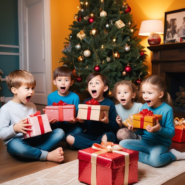 Kinder öffnen ihre Geschenke mit Freude und Überraschung