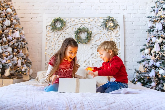 Kinder öffnen Weihnachtsgeschenke unter dem Baum Selektiver Fokus