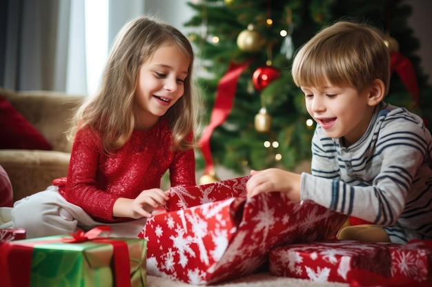 Kinder packen festliche Geschenke aus