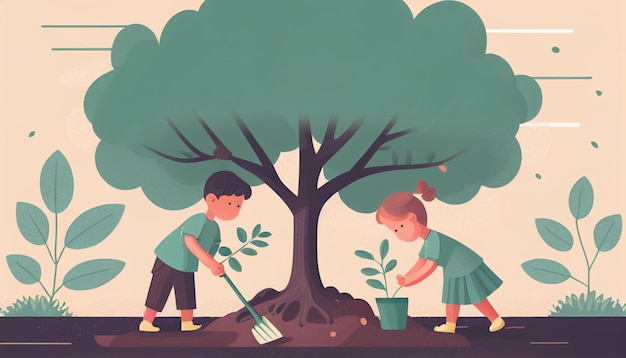 Kinder pflanzen einen Baum für die Gesundheit der Welt und der Umwelt Erstellt mit generativer KI-Technologie