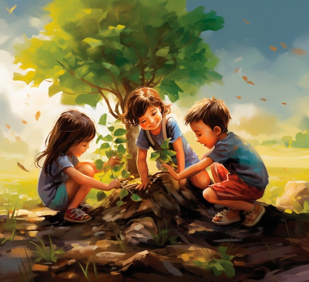 Kinder pflanzen einen Baum