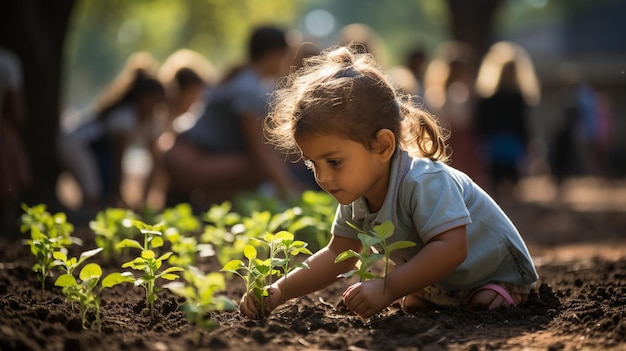 Kinder pflanzen einen Gemüsegarten im Hintergrund