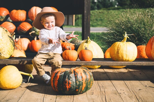 Kinder pflücken Kürbisse auf dem Bauernmarkt Thanksgiving-Ferienzeit und Halloween