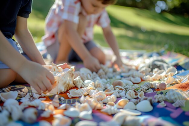 Foto kinder sammeln muscheln neben einem picknickplatz