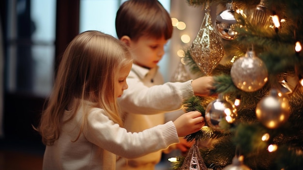 Kinder schmücken den Weihnachtsbaum mit Ornamenten Generative KI