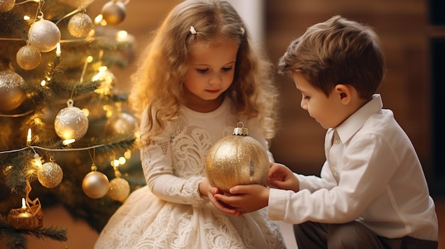 Kinder schmücken den Weihnachtsbaum mit Ornamenten Generative KI