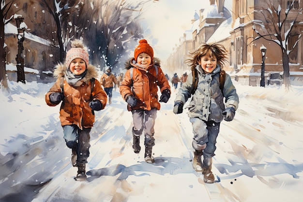 Kinder Schulkinder Freunde im Urlaub spielen und laufen draußen im Schnee im Winter Weihnachtsgrußkarte