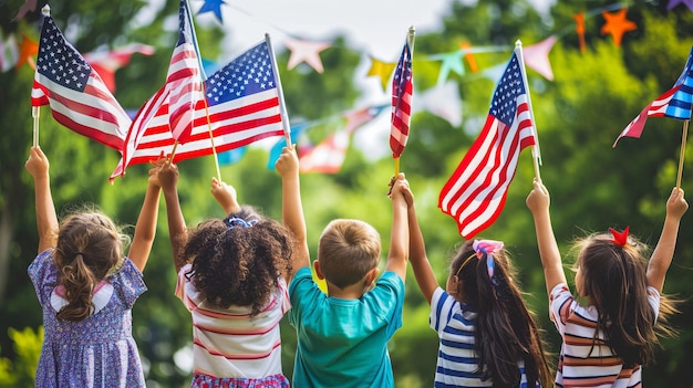 Kinder schwenken amerikanische Fahnen