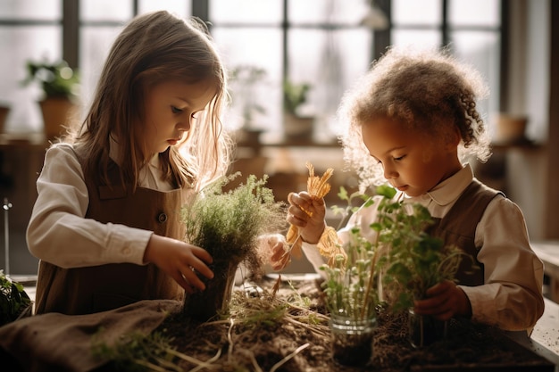 Kinder sehen Pflanzen im Garten