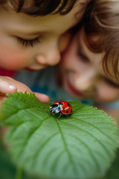 Foto kinder sehen sich den insekten-ladybug aus der nähe an