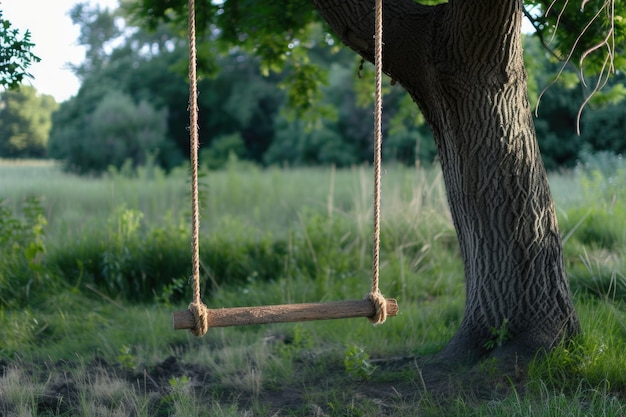 Foto kinder-seil-schaukel hängen allein und bewegungslos unter einem baum kindheits-nostalgie-erinnerungen