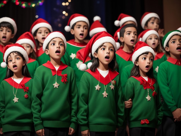 Kinder singen am Heiligabend ein Lied, während sie am Kamin stehen