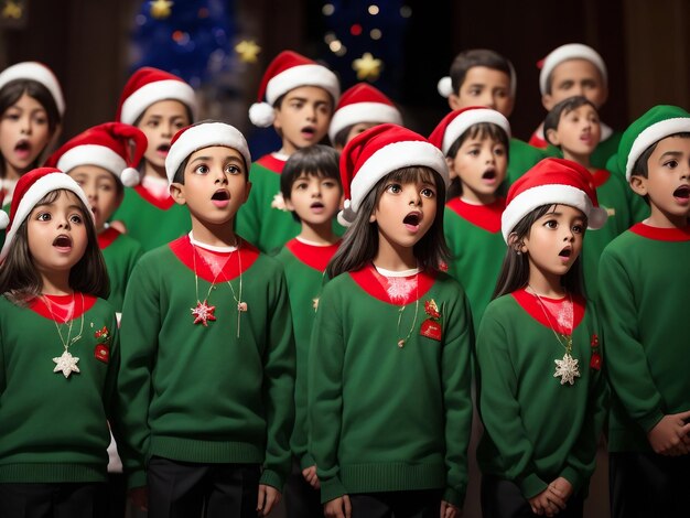 Kinder singen am Heiligabend ein Lied, während sie am Kamin stehen