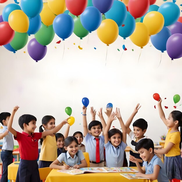 Foto kinder sitzen an einem tisch mit ballons und ballons im hintergrund