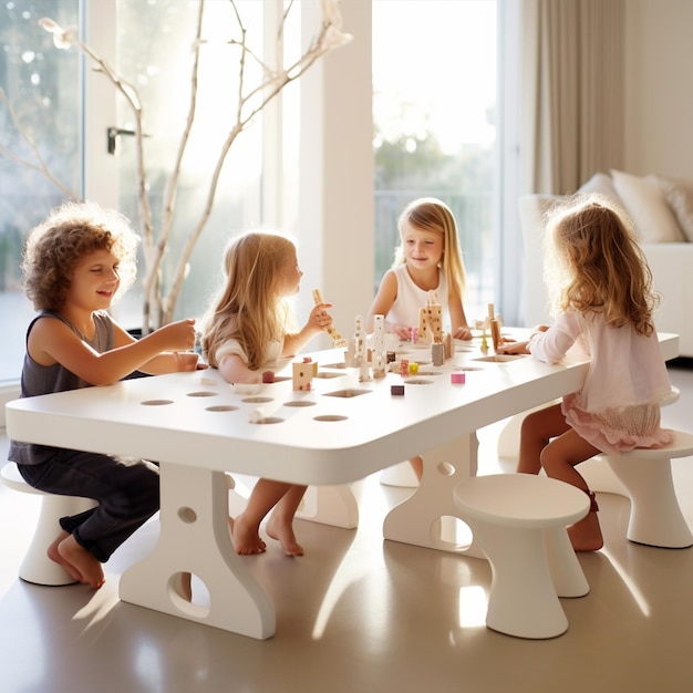 Foto kinder sitzen an einem tisch mit einem bild eines kindes in einem raum mit einem großen fenster dahinter.