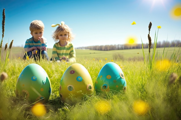 Kinder sitzen auf der Wiese neben großen Ostereiern Generative KI