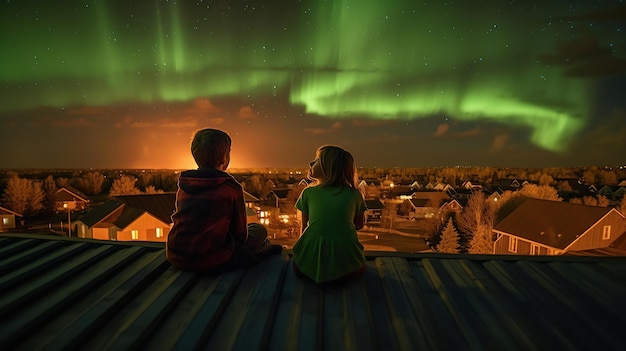 Kinder sitzen nachts auf dem Dach. Kleine Jungen und Mädchen schauen auf die Sterne am Himmelspunkt der Sternschnuppe. Eine professionelle Fotografie sollte eine hochwertige generative KI verwenden