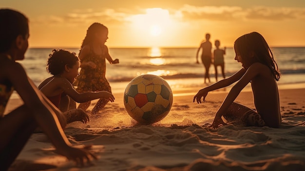 Kinder spielen am Strand mit einem Ball