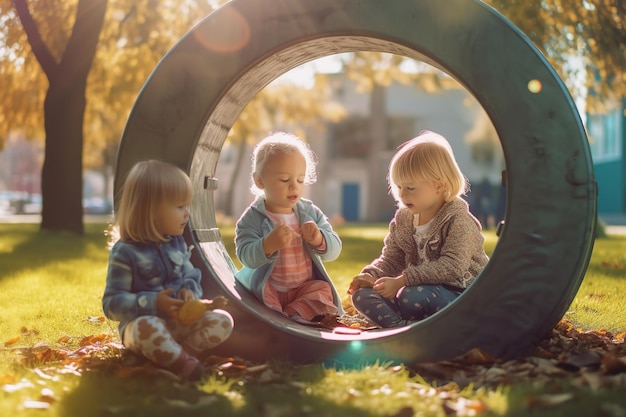 Kinder spielen an sonnigen Tagen gemeinsam in einem Park