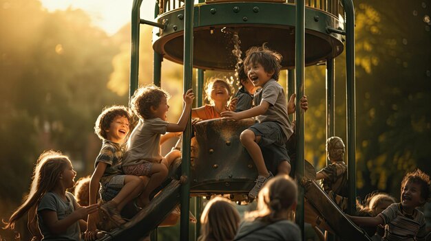 Kinder spielen auf einem Spielplatz mit einer Gruppe von Kindern.