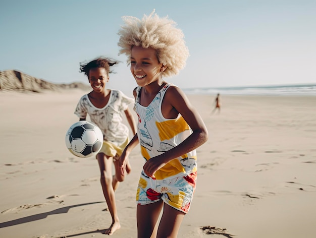 Kinder spielen Ball am Strand KI-Illustration