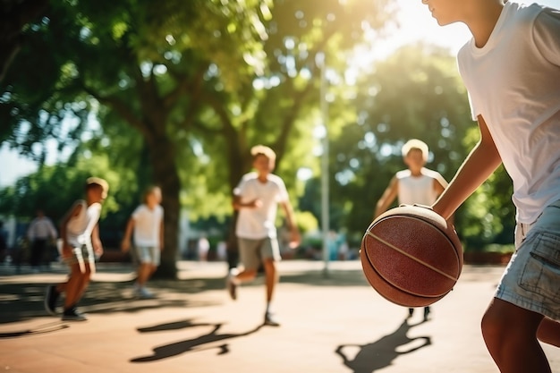 Kinder spielen Basketball auf dem Straßenbasketballplatz