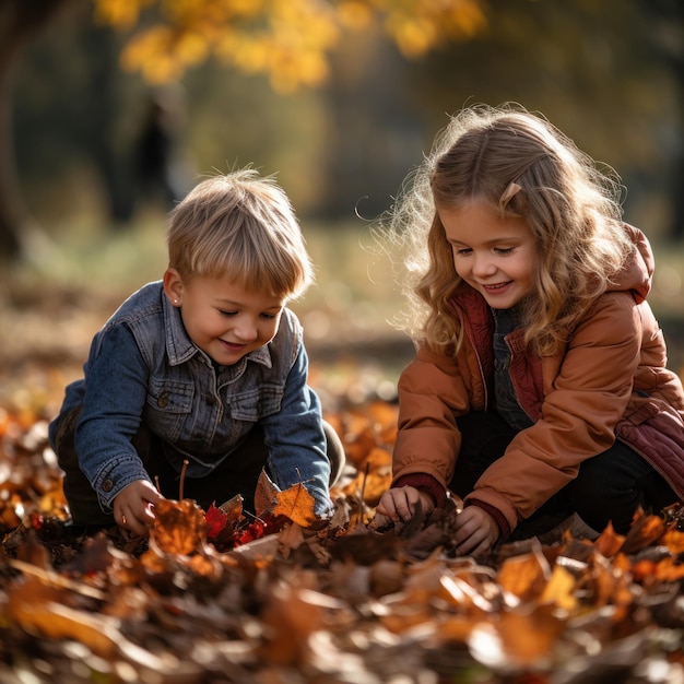 Foto kinder spielen draußen mit herbstblättern